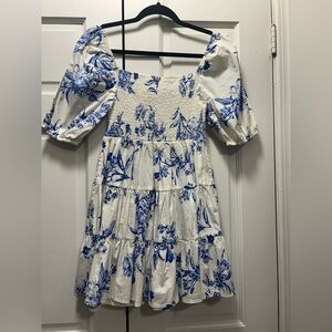 Flying Tomato White and Blue Floral Smocked Tiered Dress